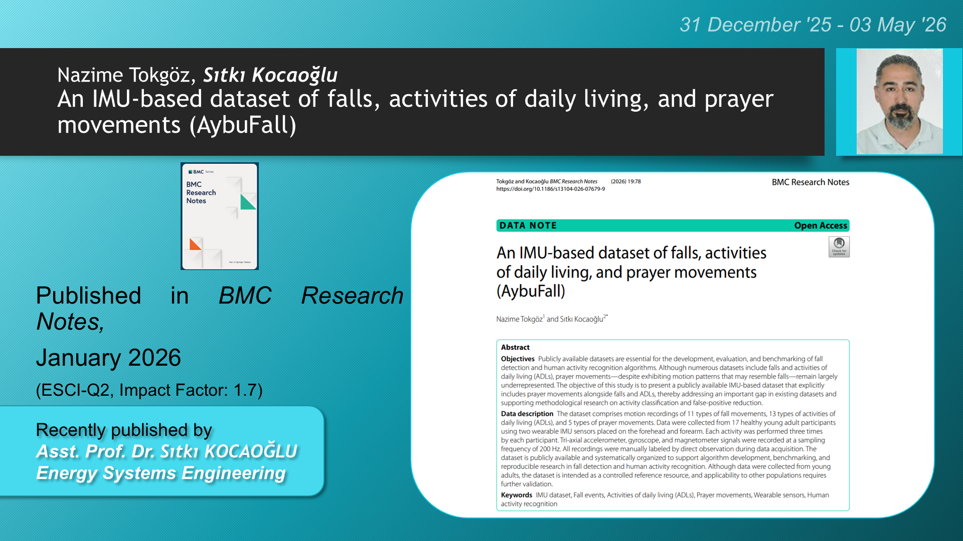 An IMU-based dataset of falls, activities of daily living, and prayer movements (AybuFall) adlı Nazime Tokgöz, Sıtkı Kocaoğlu tarafından yapılan çalışma görseli