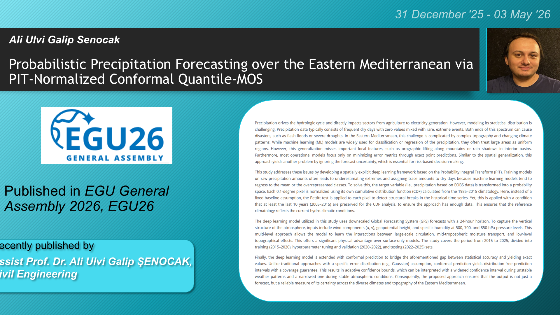 Probabilistic Precipitation Forecasting over the Eastern Mediterranean via PIT-Normalized Conformal Quantile-MOS adlı Ali Ulvi Galip Senocak tarafından yapılan çalışma görseli