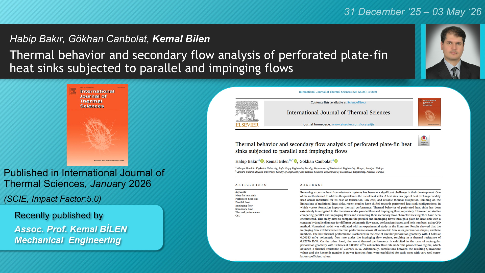 Thermal behavior and secondary flow analysis of perforated plate-fin heat sinks subjected to parallel and impinging flows adlı Habip Bakır, Kemal Bilen, Gökhan Canbolat tarafından yapılan çalışma görseli