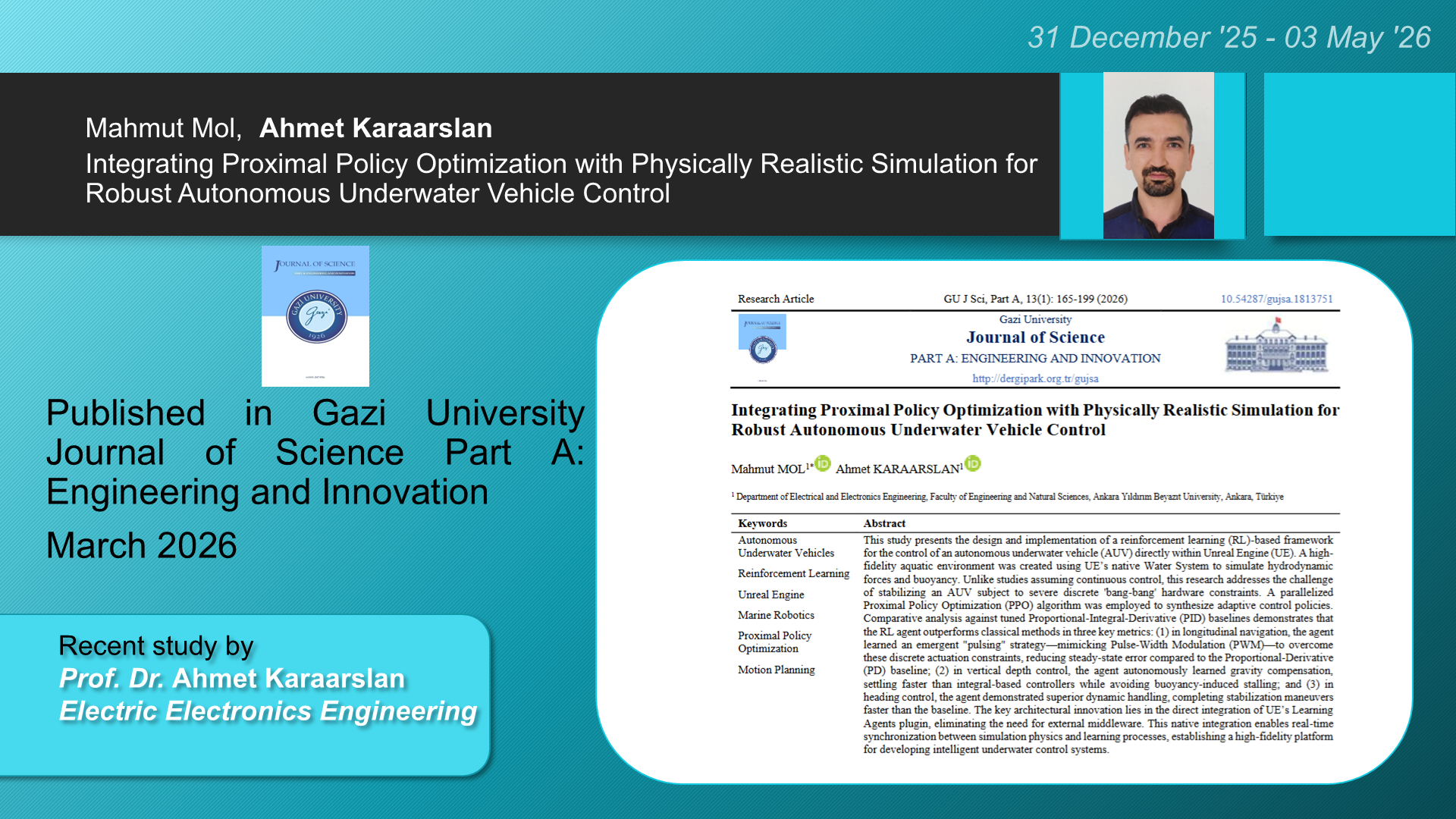 Integrating Proximal Policy Optimization with Physically Realistic Simulation for Robust Autonomous Underwater Vehicle Control adlı Mahmut Mol, Ahmet Karaarslan tarafından yapılan çalışma görseli