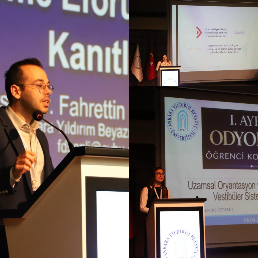 Görselde, bölüm araştırma görevlileri kürsüde sunum yaparken görülmektedir.