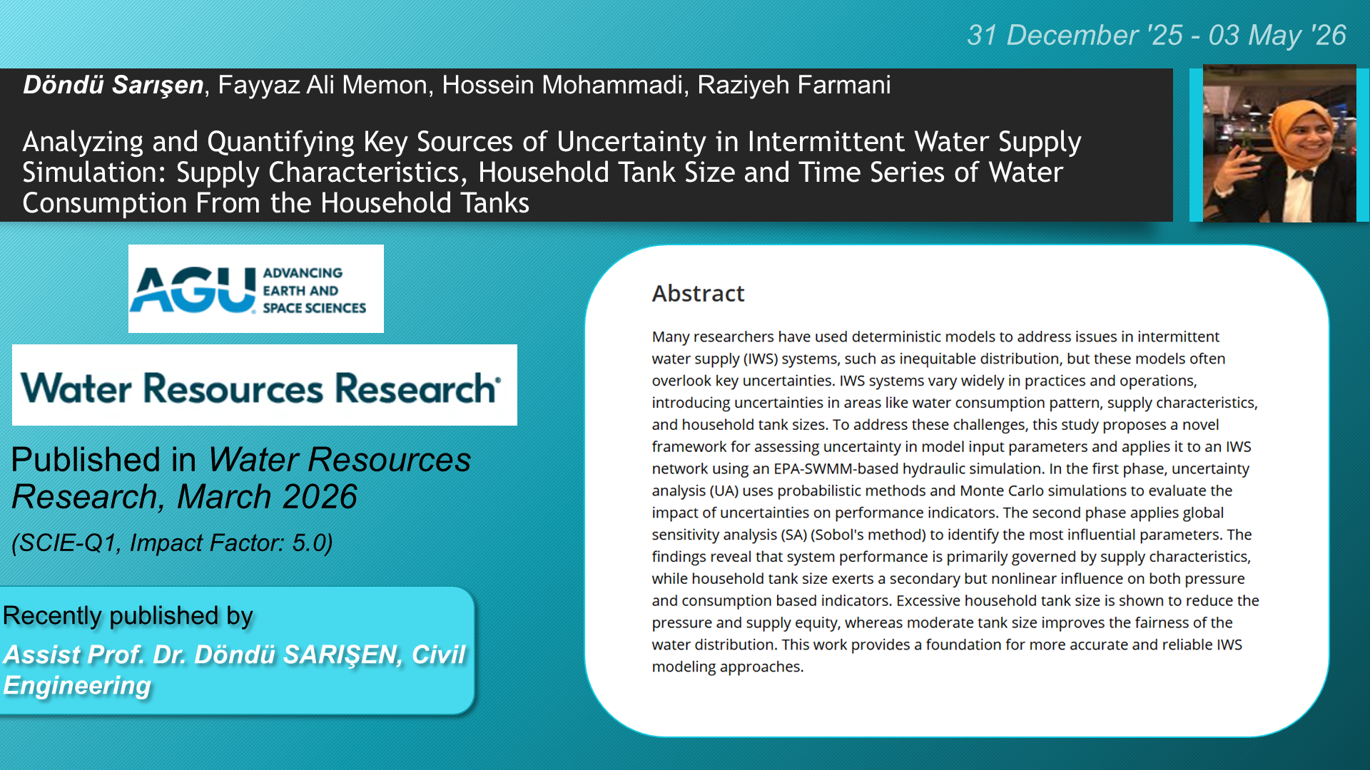 Analyzing and Quantifying Key Sources of Uncertainty in Intermittent Water Supply Simulation: Supply Characteristics, Household Tank Size and Time Series of Water Consumption From the Household Tanks adlı Döndü Sarışen, Fayyaz Ali Memon, Hossein Mohammadi, Raziyeh Farmani tarafından yapılan çalışma görseli