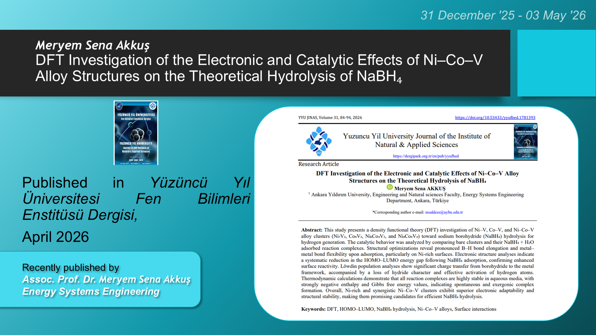 DFT Investigation of the Electronic and Catalytic Effects of Ni–Co–V Alloy Structures on the Theoretical Hydrolysis of NaBH₄ adlı Meryem Sena Akkuş tarafından yapılan çalışma görseli