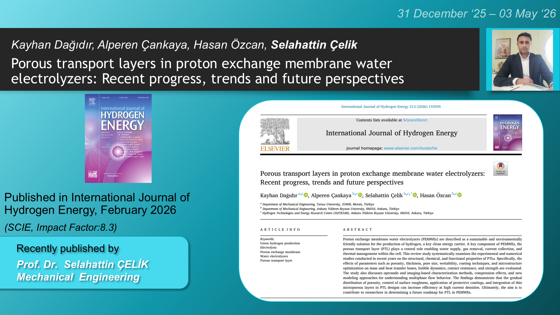 Porous transport layers in proton exchange membrane water electrolyzers: Recent progress, trends and future perspectives adlı Kayhan Dağıdır, Alperen Çankaya, Selahattin Çelik, Hasan Özcan tarafından yapılan çalışma görseli