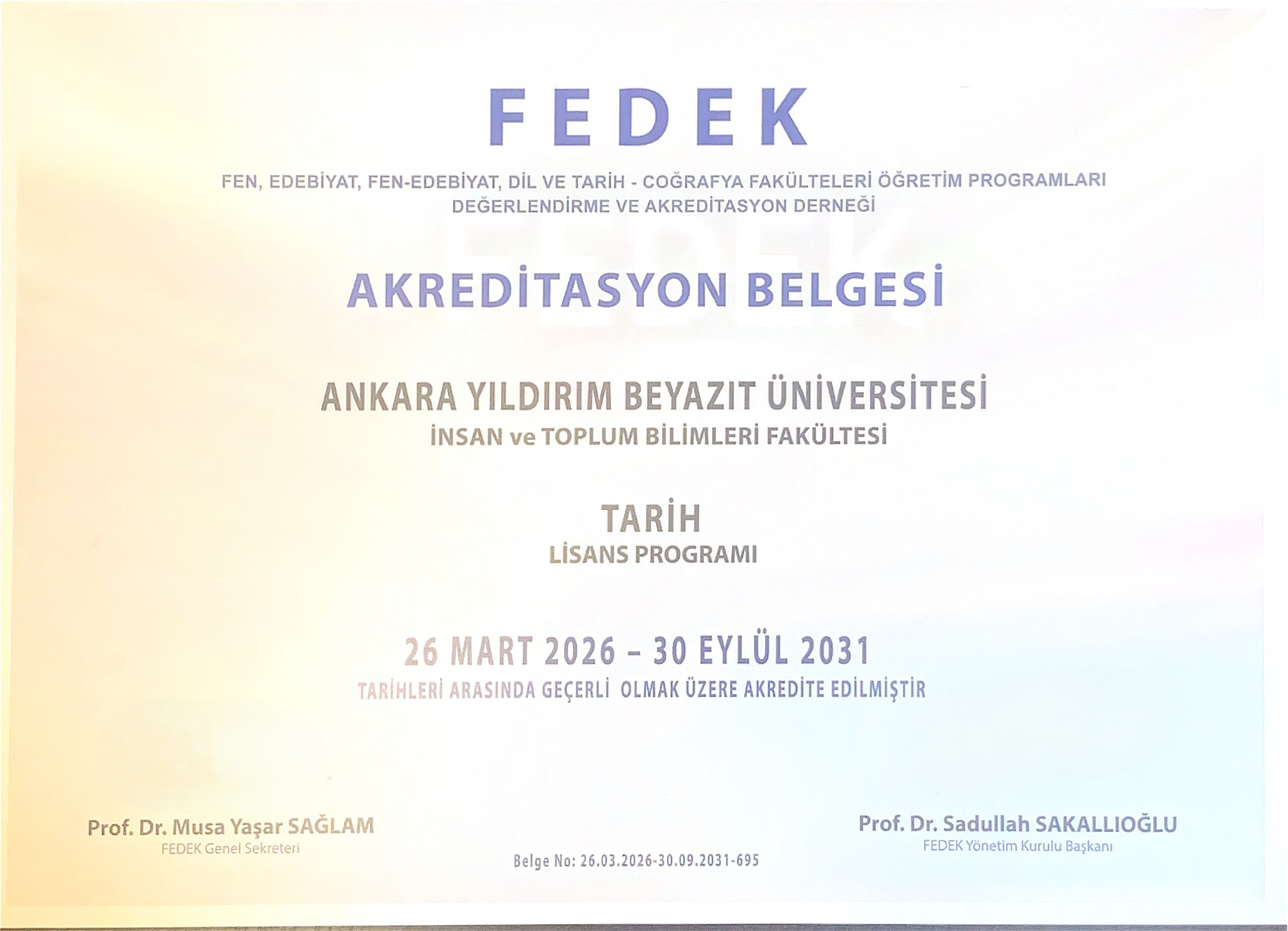 Tarih Bölümü akreditasyon belgesi