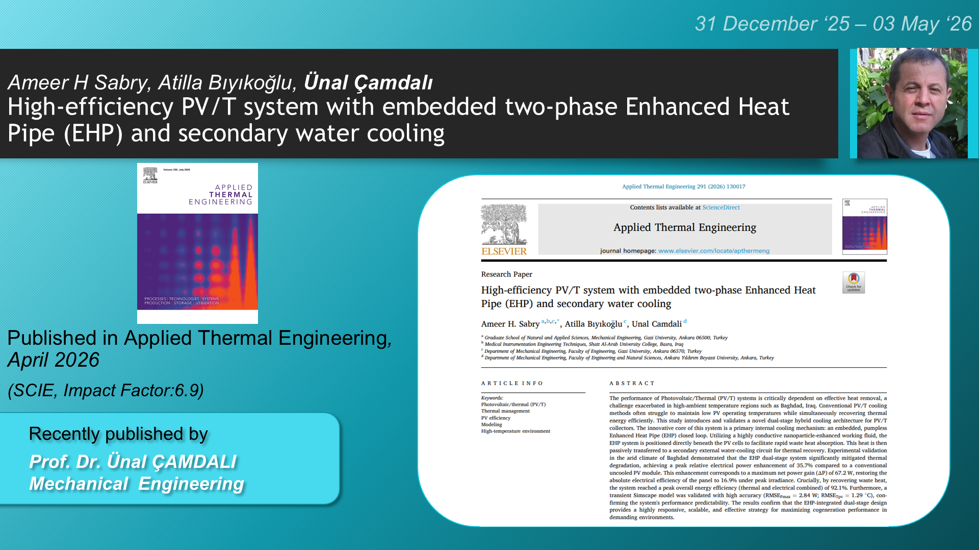 High-efficiency PV/T system with embedded two-phase Enhanced Heat Pipe (EHP) and secondary water cooling adlı Ameer H Sabry, Atilla Bıyıkoğlu, Unal Camdali tarafından yapılan çalışma görseli
