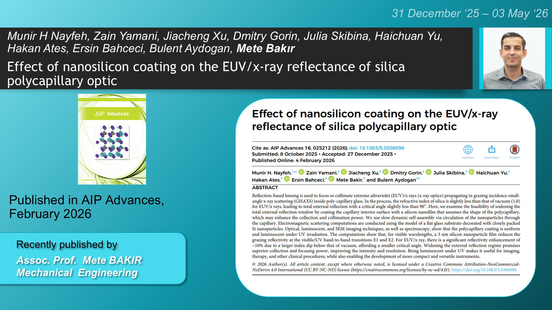 Effect of nanosilicon coating on the EUV/x-ray reflectance of silica polycapillary optic adlı Munir H Nayfeh, Zain Yamani, Jiacheng Xu, Dmitry Gorin, Julia Skibina, Haichuan Yu, Hakan Ates, Ersin Bahceci, Mete Bakir, Bulent Aydogan tarafından yapılan çalışma görseli