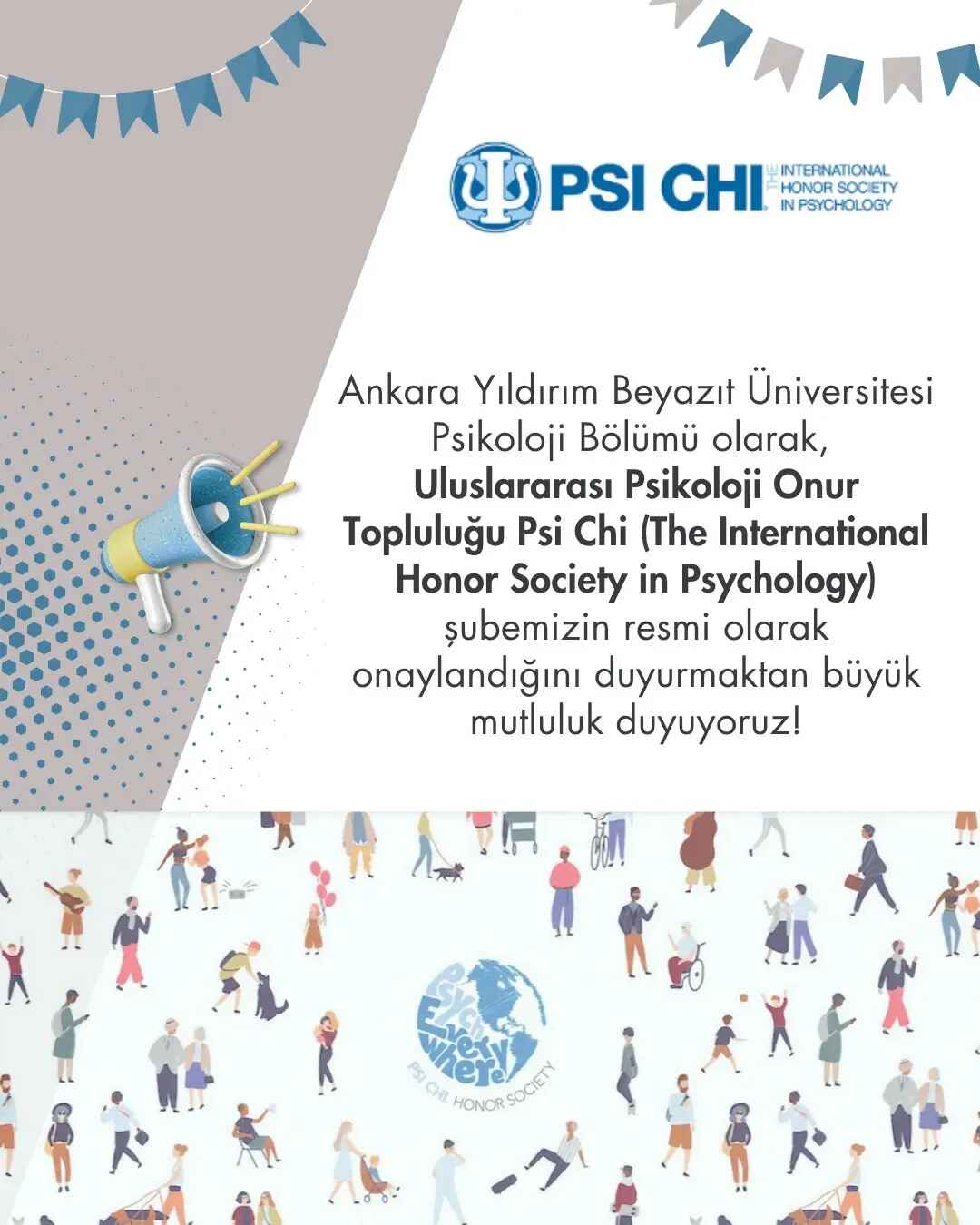 TR: AYBÜ Psikoloji Psi Chi topluluğu şubesinin onaylandığını bildiren duyuru afişi. EN: Poster announcing the approval of AYBU Psychology's Psi Chi chapter.