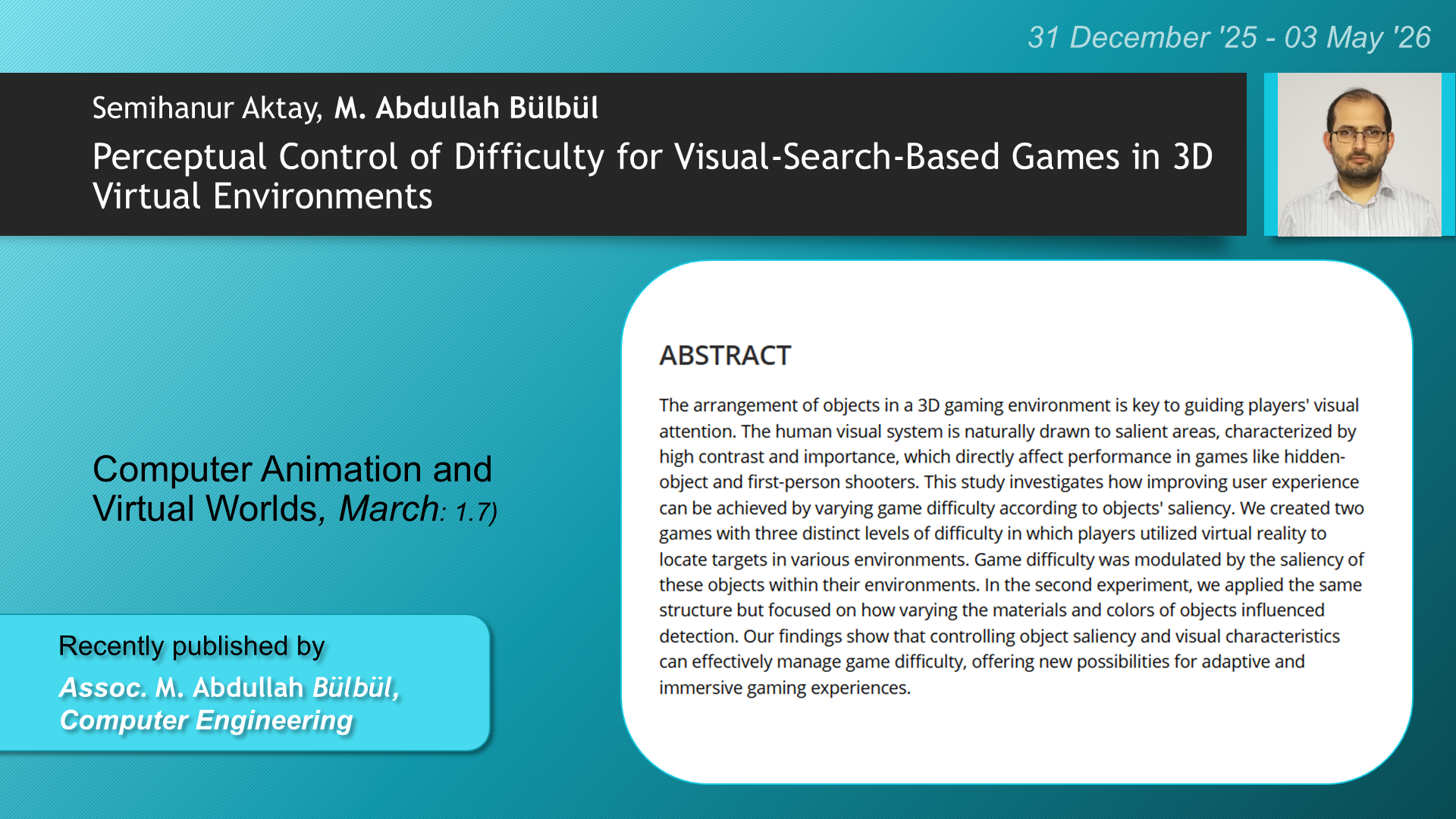 Perceptual Control of Difficulty for Visual‐Search‐Based Games in 3D Virtual Environments adlı Semihanur Aktay, M Abdullah Bulbul tarafından yapılan çalışma görseli