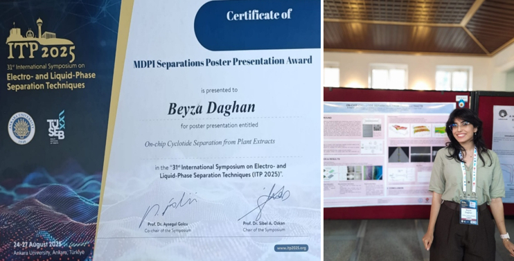 Öğrencimiz Beyza Dağhan'ın poster sunumu önünde çekilen fotoğrafı ve aldığı ödülün belgesi