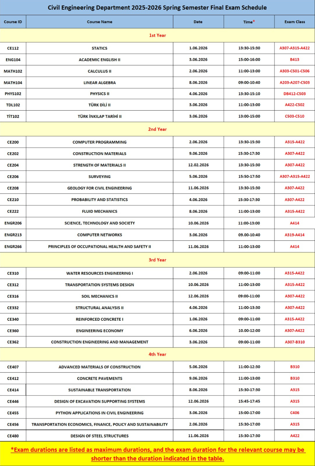 Final Sınav Programı