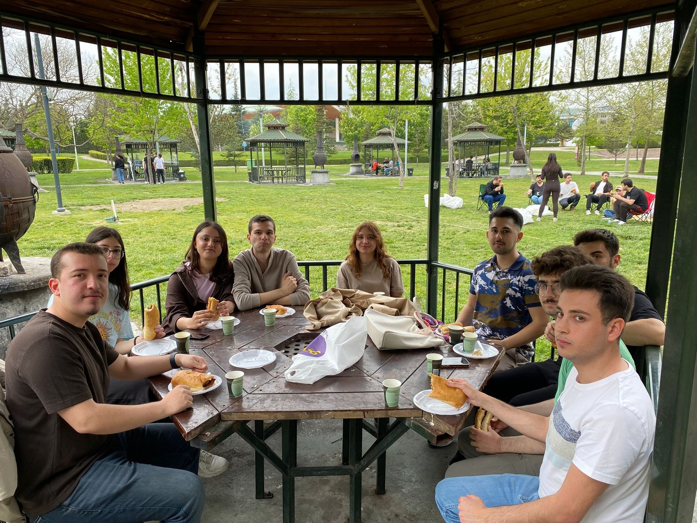 Students chat and enjoy the picnic while eating sausage sandwiches in the gazebo.