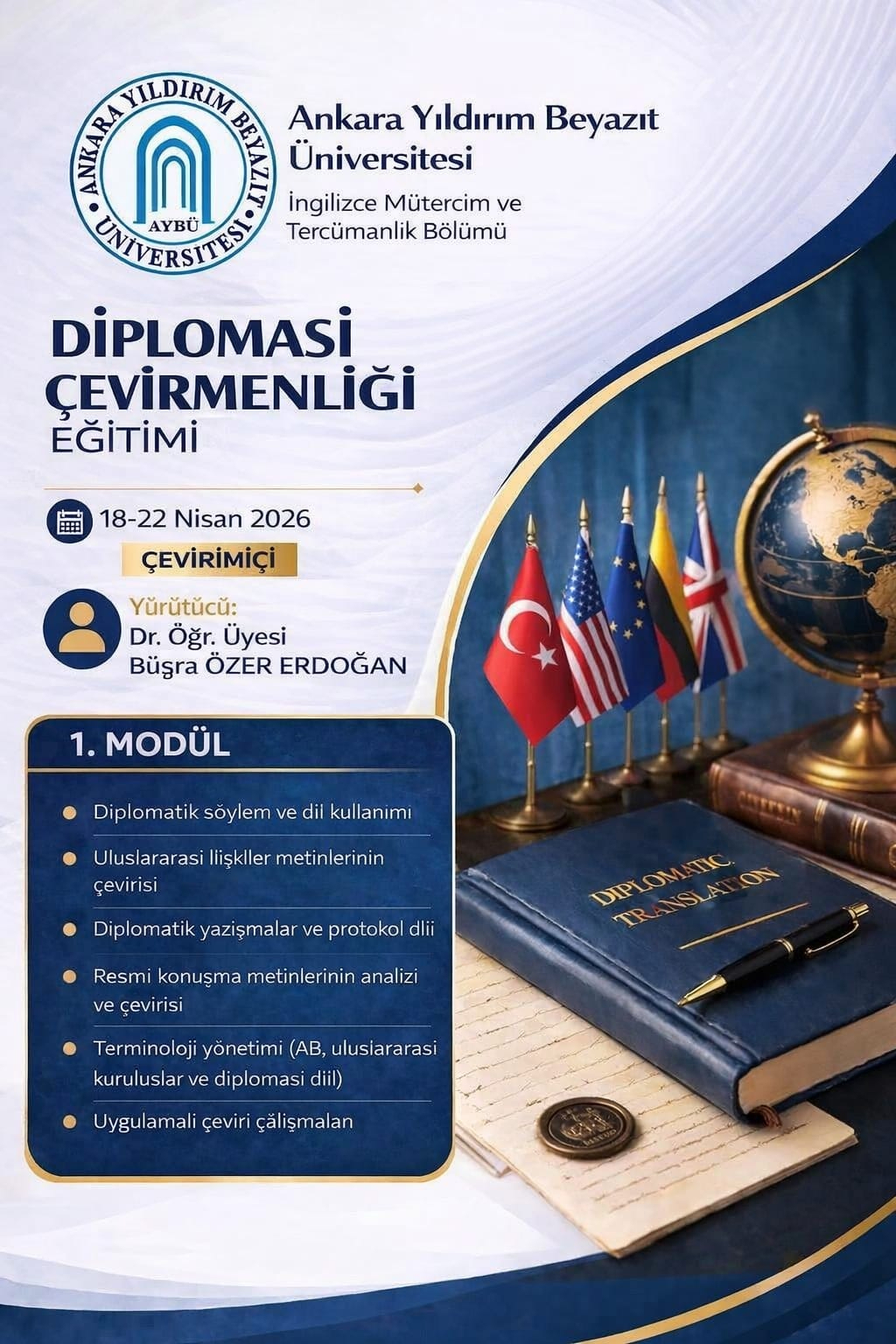 This image contains details of the event entitled ‘Diplomatic Translation and Interpreting Training’. The event will take place online on 18th and 22nd of April.