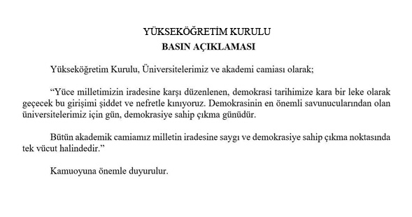 YÜKSEKÖĞRETİM KURULU  BASIN AÇIKLAMASI 