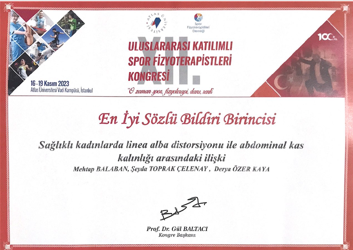 12. Uluslararası Spor Fizyoterapistleri Kongresinde En İyi Sözel Bildiri Ödülü!