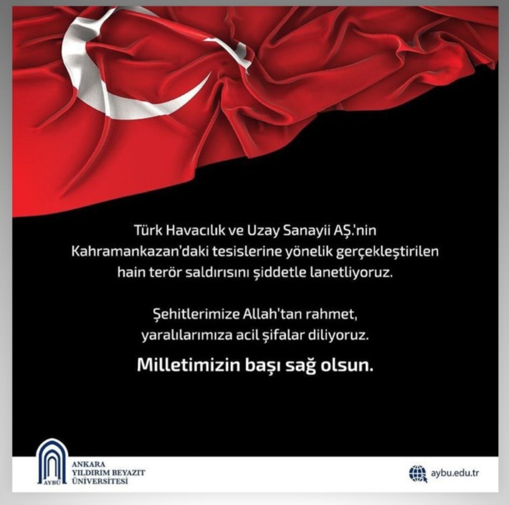 Türk Havacılık ve Uzay Sanayi AŞ.'nin Kahramankazan'daki tesislerine yönelik gerçekleştirilen hain terör saldırısını şiddetle lanetliyoruz. Şehitlerimize Allah'tan rahmet, yaralılarımıza acil şifalar diliyoruz. Milletimizin başı sağolsun.