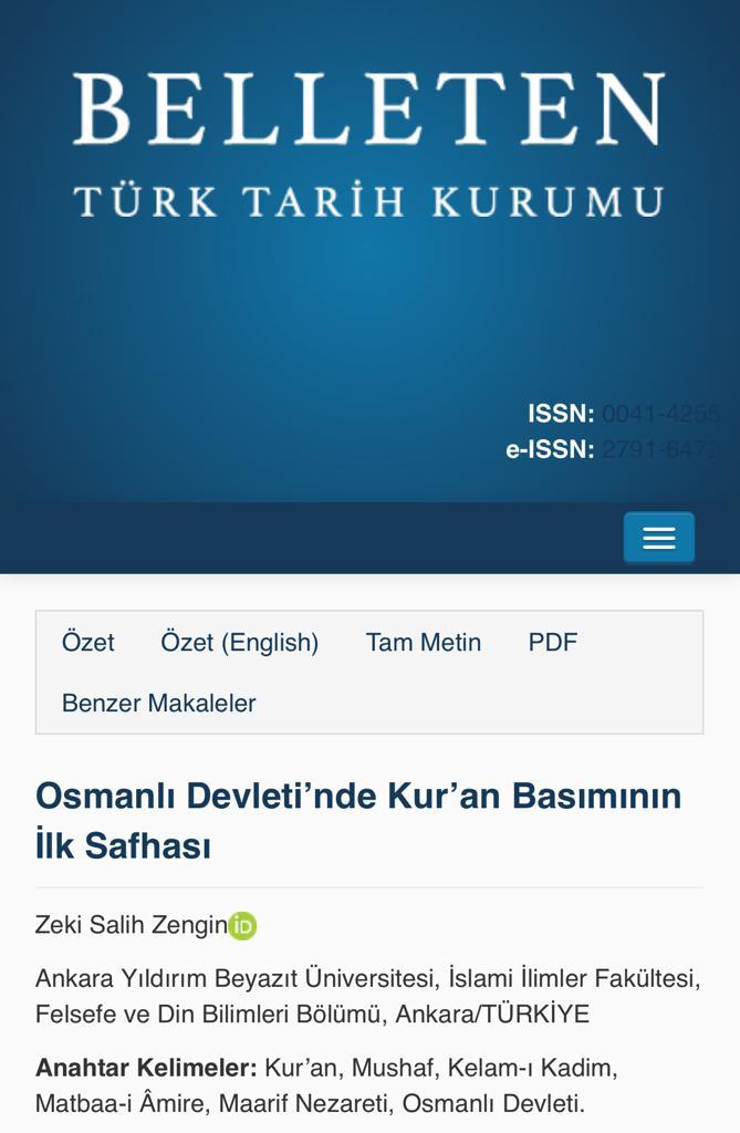  Prof. Dr. Zeki Salih Zengin Hocamızı Belleten Dergisinde Yayınlanan "Osmanlı Devleti’nde Kur’an Basımının İlk Safhası" adlı makalesiyle Tebrik Ederiz