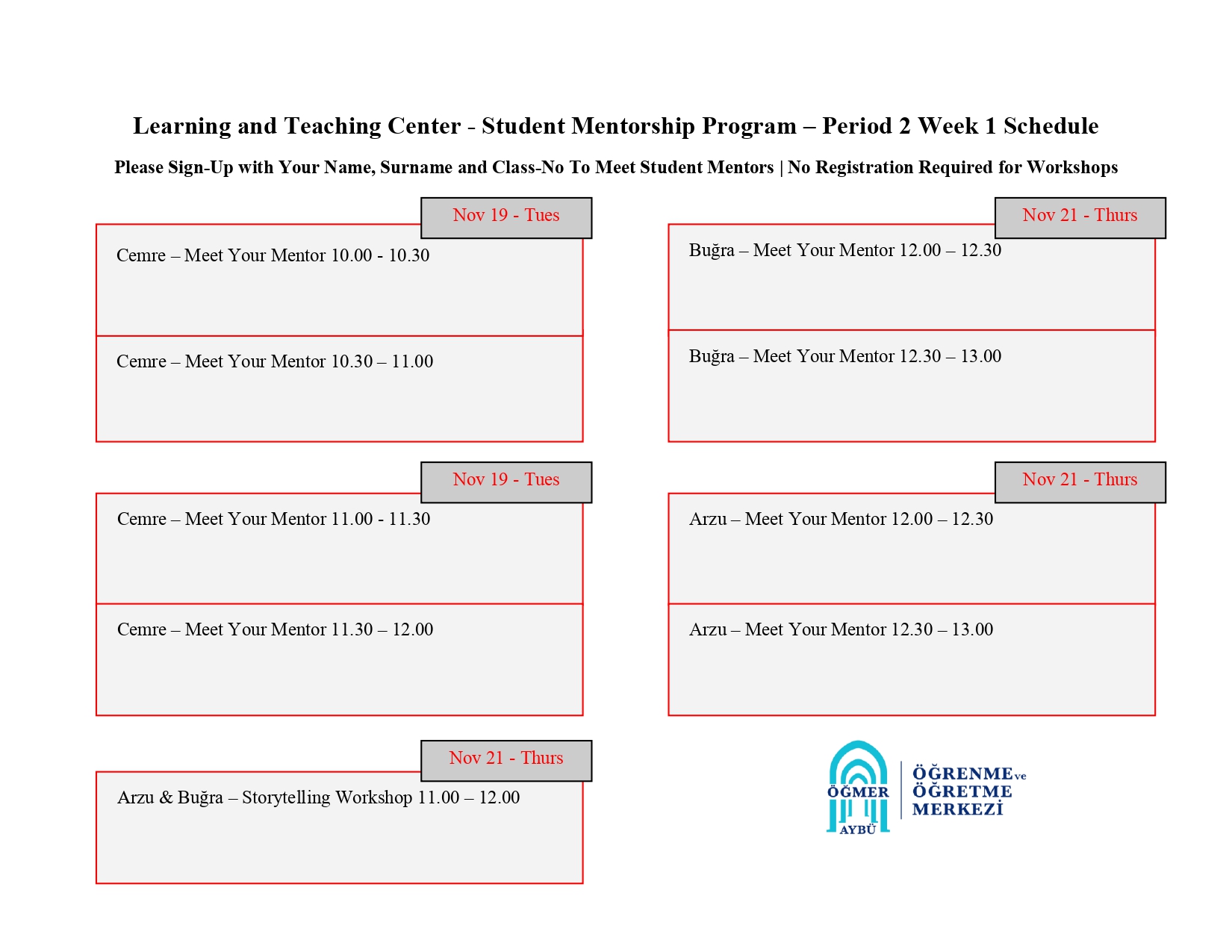 LTC Student Mentorship Program - Period 2 Week 1 Schedule