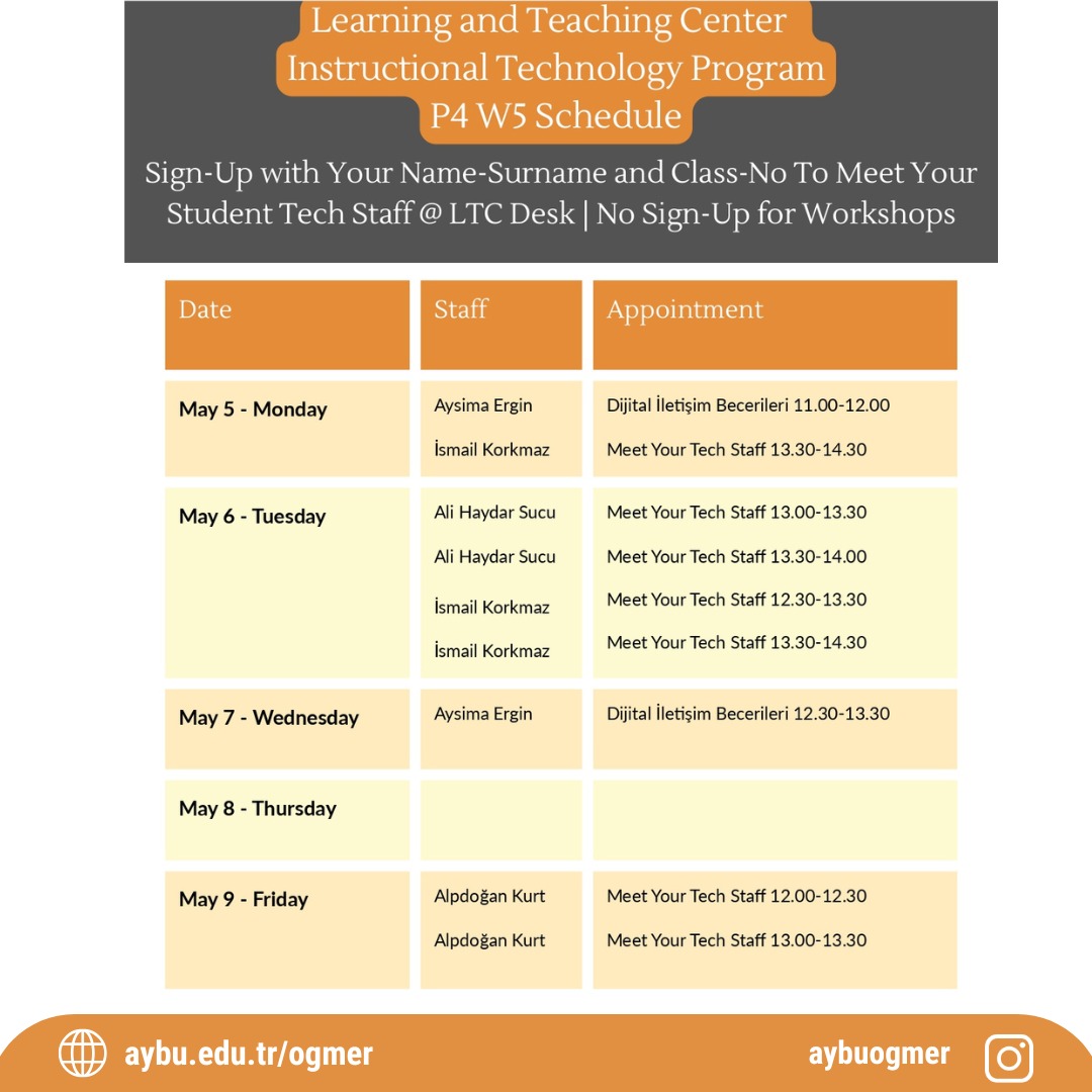 Learning and Teaching Center Instructional Technology Program P4 W5 Schedule