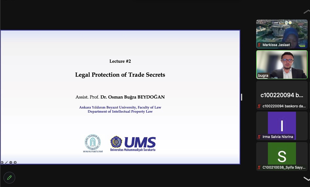 2.2.	Assist. Prof. Dr. Osman Buğra Beydoğan from the our Faculty of Intellectual Property Law Department delivered a series of three seminars as a guest lecturer at the Faculty of Law, Muhammadiyah University of Surakarta (UMS), Indonesia.