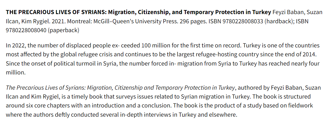 Yeni Yayın: Kitap Değerlendirmesi-"The Precarious Lives of Syrians: Migration, Citizenship, and Temporary Protection in Turkey" 