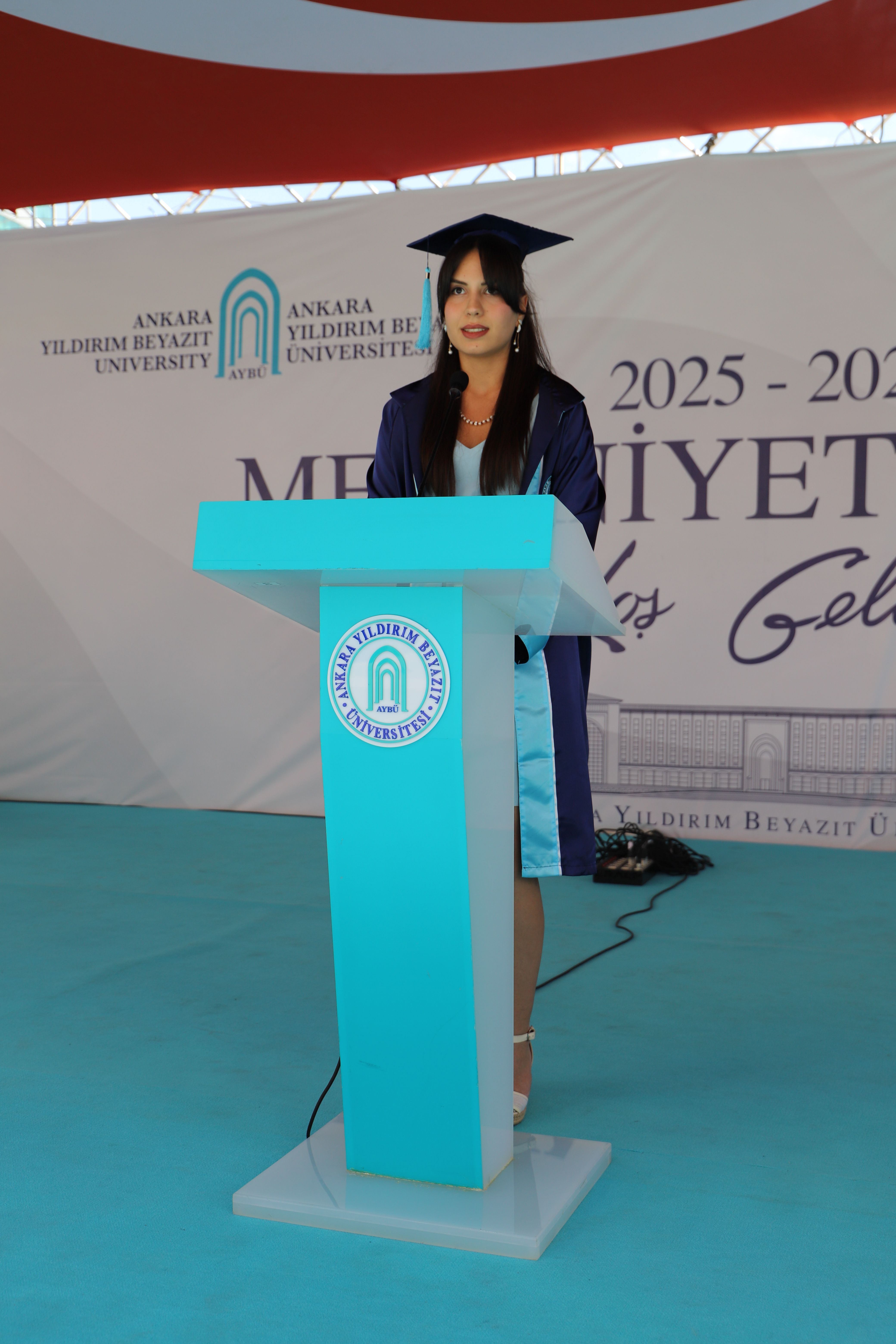 Our faculty and department valedictorian, İlayda Akinet, is delivering her speech.