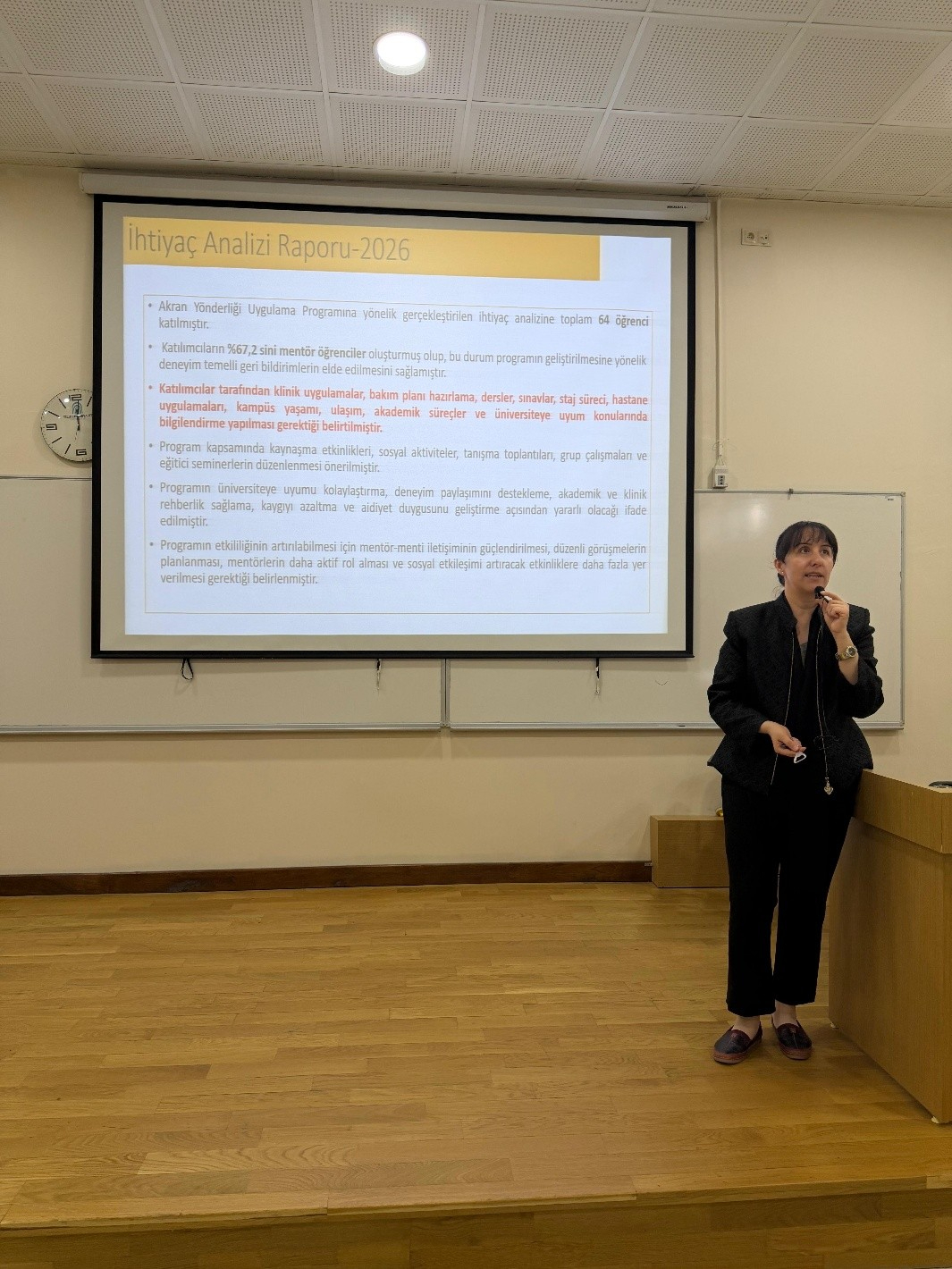 Associate Professor Reyhan Eskiyurt presenting the Mentor–Mentee Program Needs Analysis Final Report to fourth-year students.